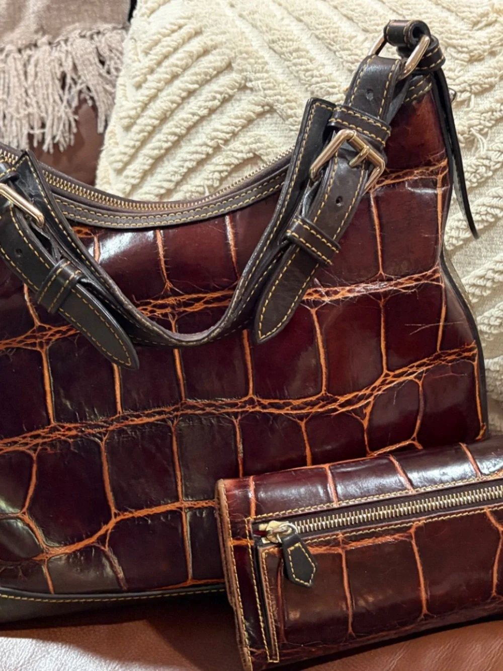 Dooney & Bourke: Handbag and Wallet: Cognac, Croc Embossed Leather Hobo Handbag